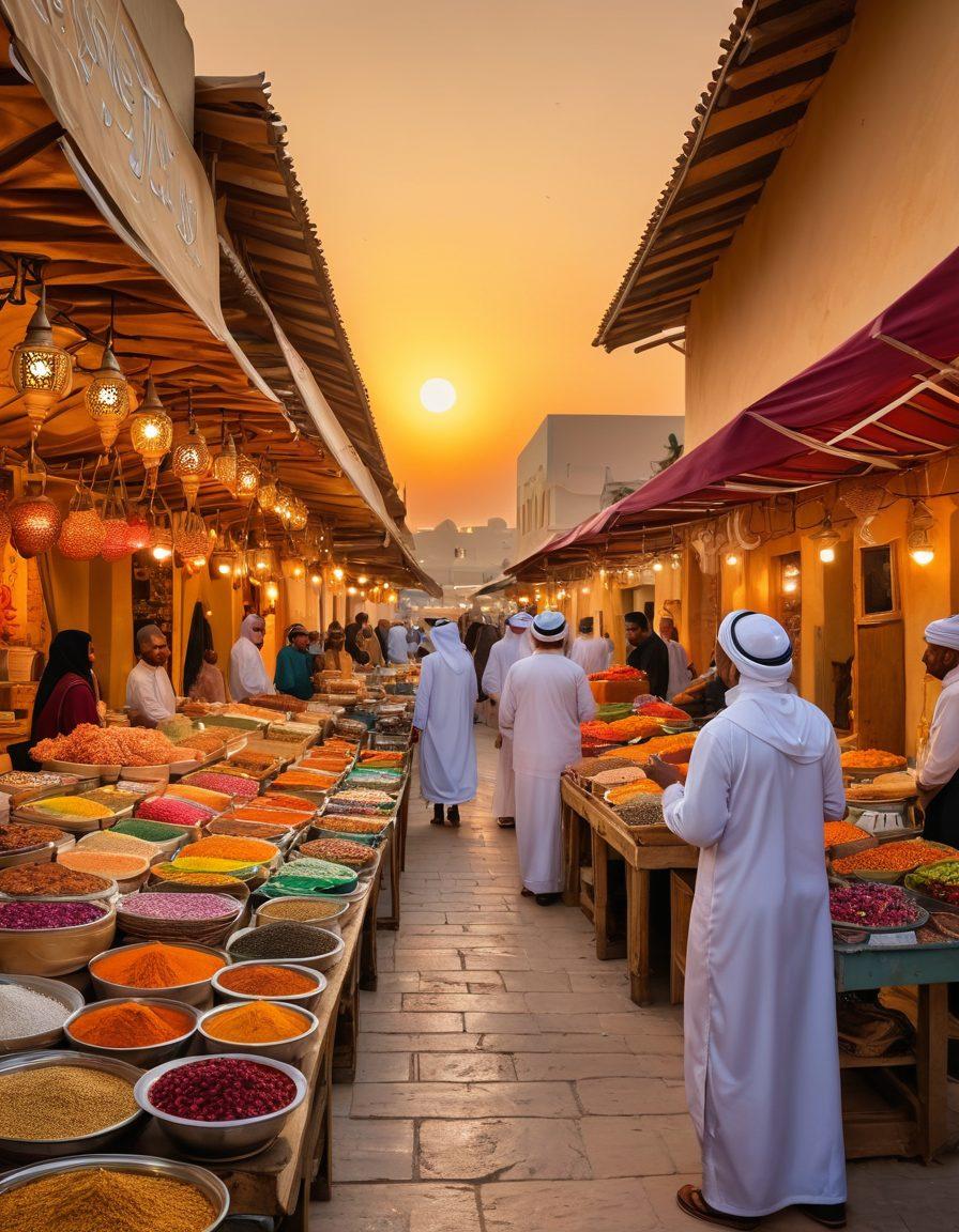 A bustling Qatari market scene, showcasing colorful local dishes with spices and ingredients prominently displayed. In the background, friendly community members share stories, with traditional architecture visible around them. Add a warm sunset glow to evoke a sense of belonging and culture. super-realistic. vibrant colors. 3D.