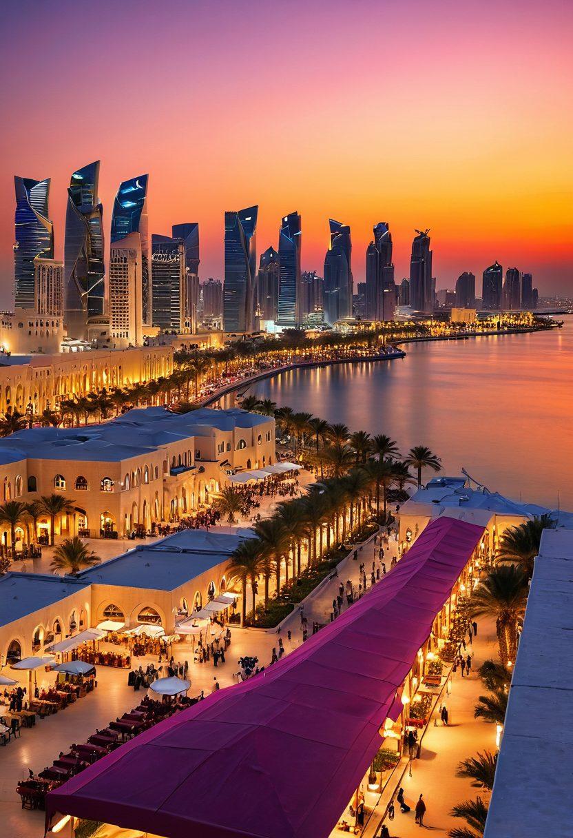 A stunning panoramic view of Doha's skyline at sunset, featuring modern skyscrapers alongside traditional Qatari architecture. Incorporate elements like a bustling souq, palm trees, and local cuisine displayed on tables in the foreground. Include cultural nuances, such as traditional attire and vibrant markets. The scene should evoke a sense of adventure and invite exploration. super-realistic. vibrant colors. 3D.