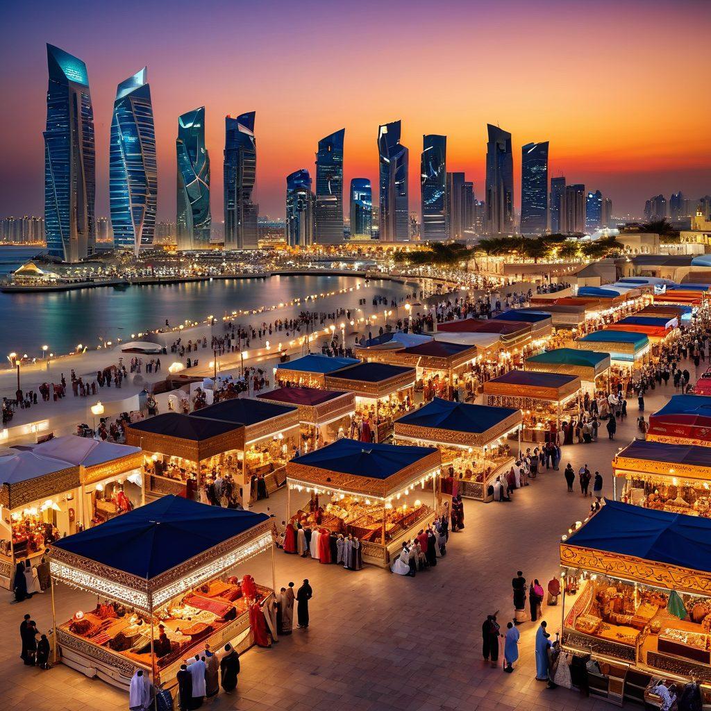 A vibrant market scene in Qatar featuring traditional architecture, colorful textiles, and spices. Include locals engaging with visitors, showcasing cultural activities like henna painting and traditional music performances. The background should feature the stunning skyline of Doha at sunset, blending modernity with tradition. Capture the essence of warmth and hospitality in the atmosphere. super-realistic. vibrant colors.